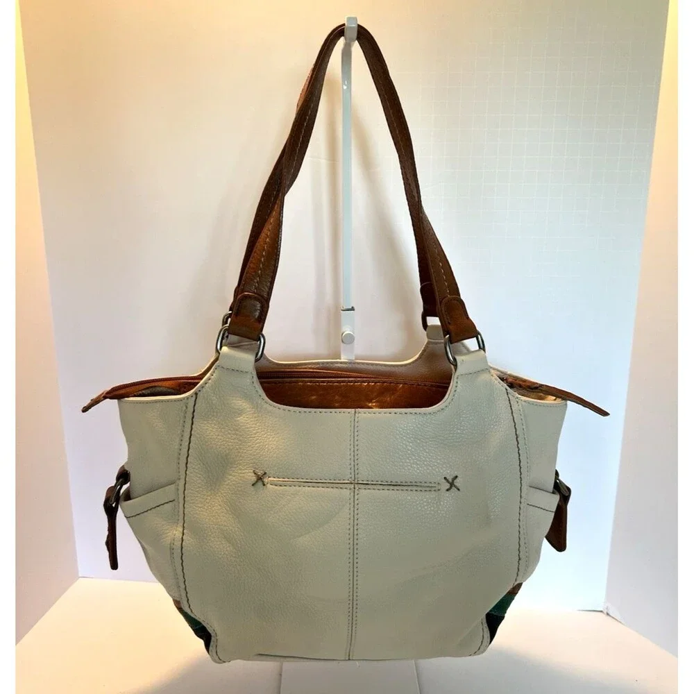 The Sak Kendra Leather Satchel Bag Cream Tan Blue Green Colorblock NWT 1990's